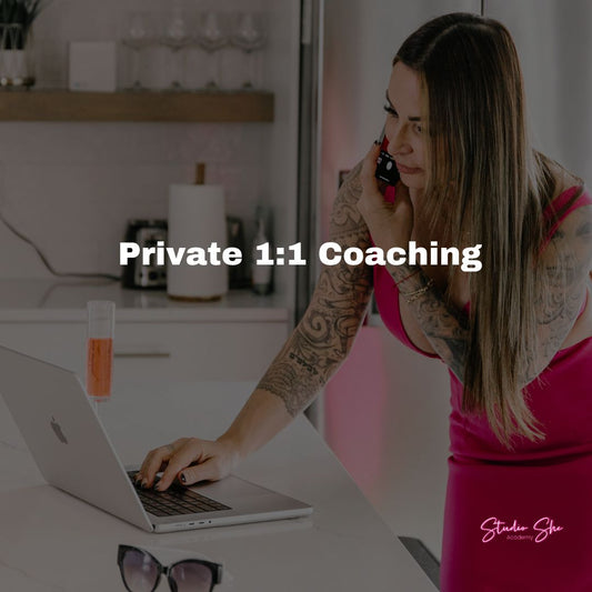 photo of studio she acacdemy hair extension academy with private coach on the phone coaching others